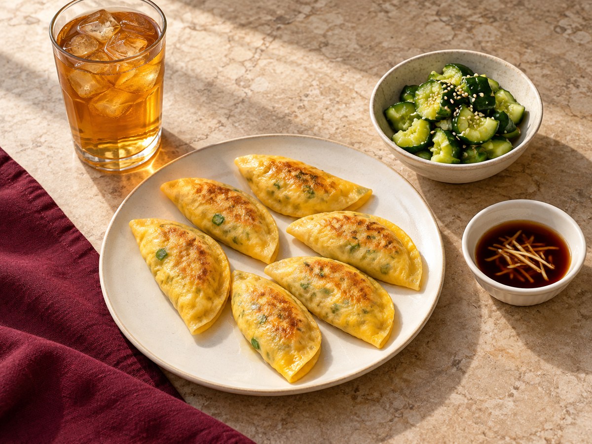 pork dumplings, cucumber and jasmine iced tea